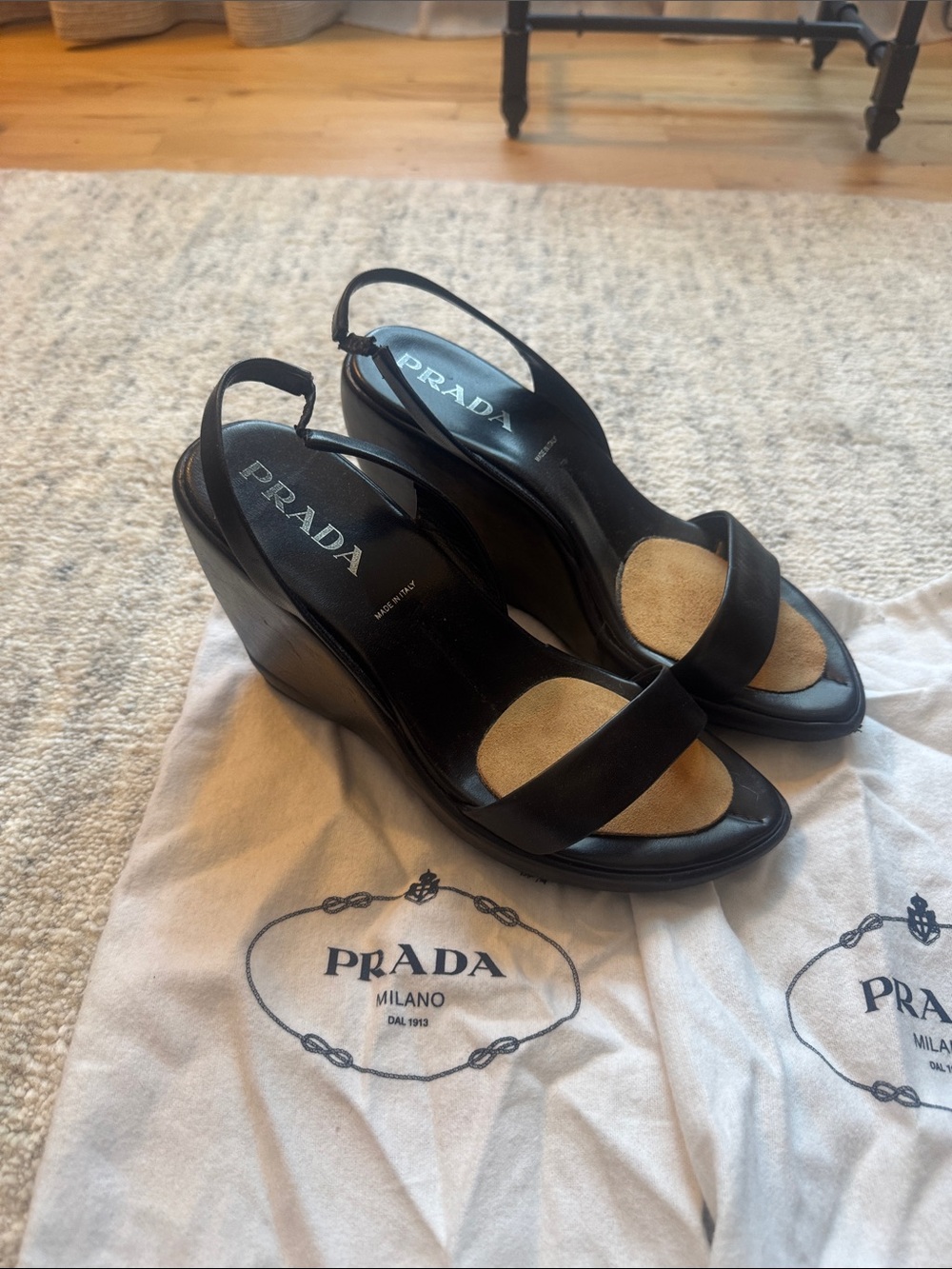 Prada Black Leather Slingback Wedge Sandals with Tan Footbed